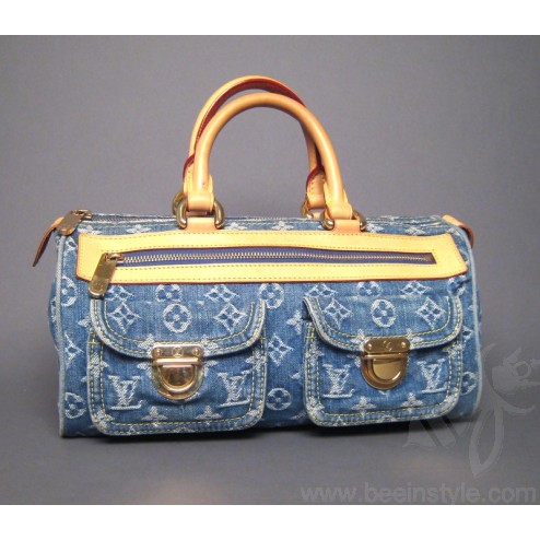 Authentic Louis Vuitton Blue Denim Monogram Neo Speedy Bag