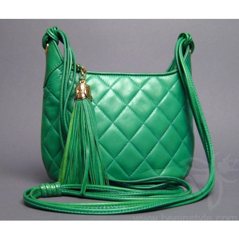 Authentic Chanel Green Quilted Tassel Shoulder Bag