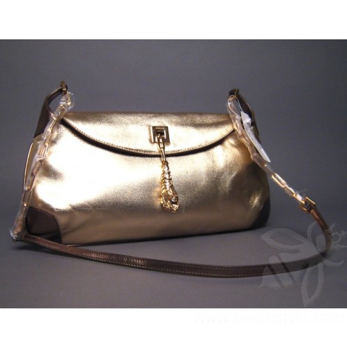 Authentic Gucci Gold and Bronze Leather Shoulder Bag New