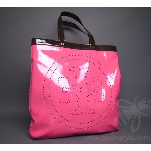 Authentic Tory Burch Pink and Brown Patent Leather Large Tote