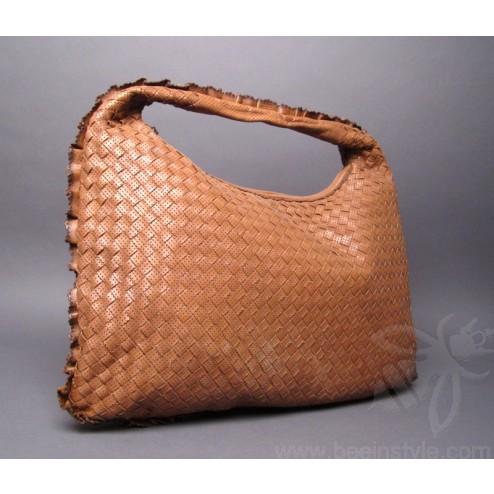 Bottega Veneta Brown Large Woven Perforated Frilled Hobo Bag
