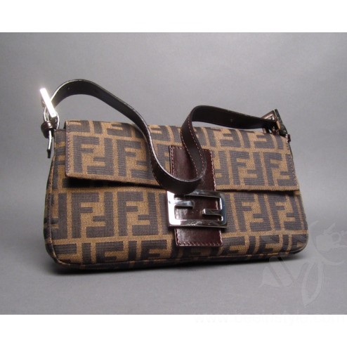 Fendi Brown Zucchino Canvas East West Baguette Handbag