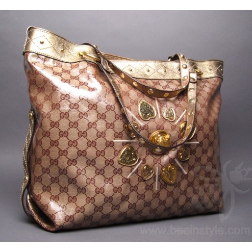 Authentic Gucci Brown Ebony Irina Crystal Coated Canvas Large Tote
