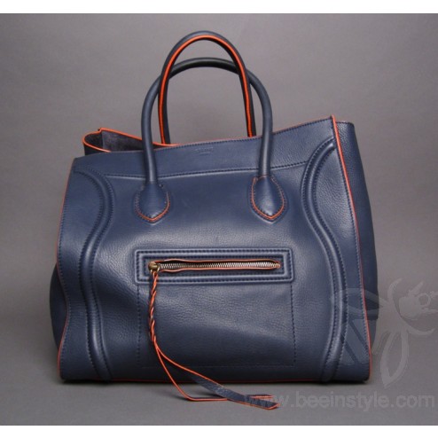 Celine Midnight Blue Calfskin Leather  with Orange trim Phantom Large Handbag