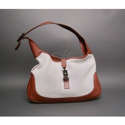 Gucci Brown and Ivory Perforated  Leather Jackie O Hobo
