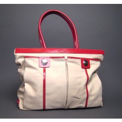 Tod’s Beige Nylon and Red Leather Tote Shoulder Bag